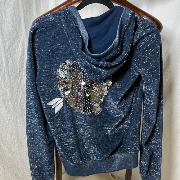 Navy blue Victoria's Secret PINK zip up hoodie with embroidered dog detail #VS - Picture 2 of 4